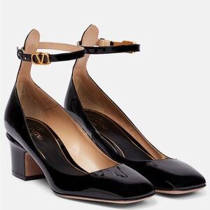AUTHENTIC- NEW- NEVER WORN-Valentino Black Patent Leather Heels with Gold Buckle